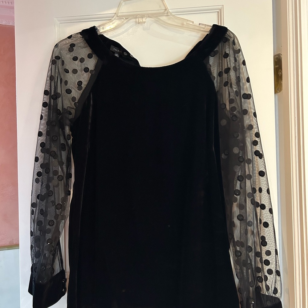 Talbots Black Dress with Sheer Polka Dot Sleeves